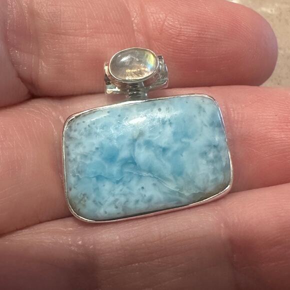 925 Sterling Silver Larimar & Moonstone Pendant-Genuine Dominican Larimar - Picture 5 of 9